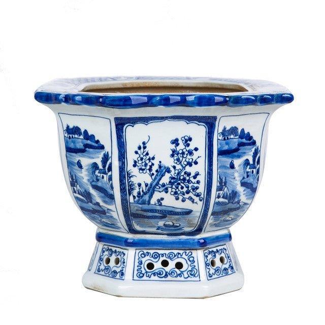 Blue and White Floral Bird Motif Porcelain Octagonal Planter - Pots & Planters - The Well Appointed House