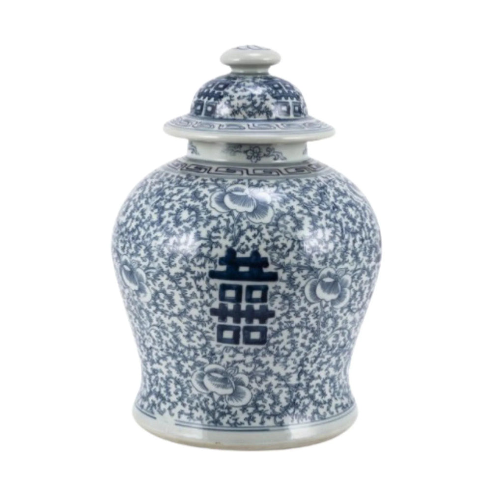 Blue and White Floral Porcelain Double Happiness Temple Jar - Vases & Jars - The Well Appointed House