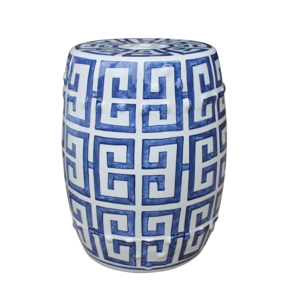 Blue and White Greek Key Porcelain Garden Stool - Garden Stools & Benches - The Well Appointed House