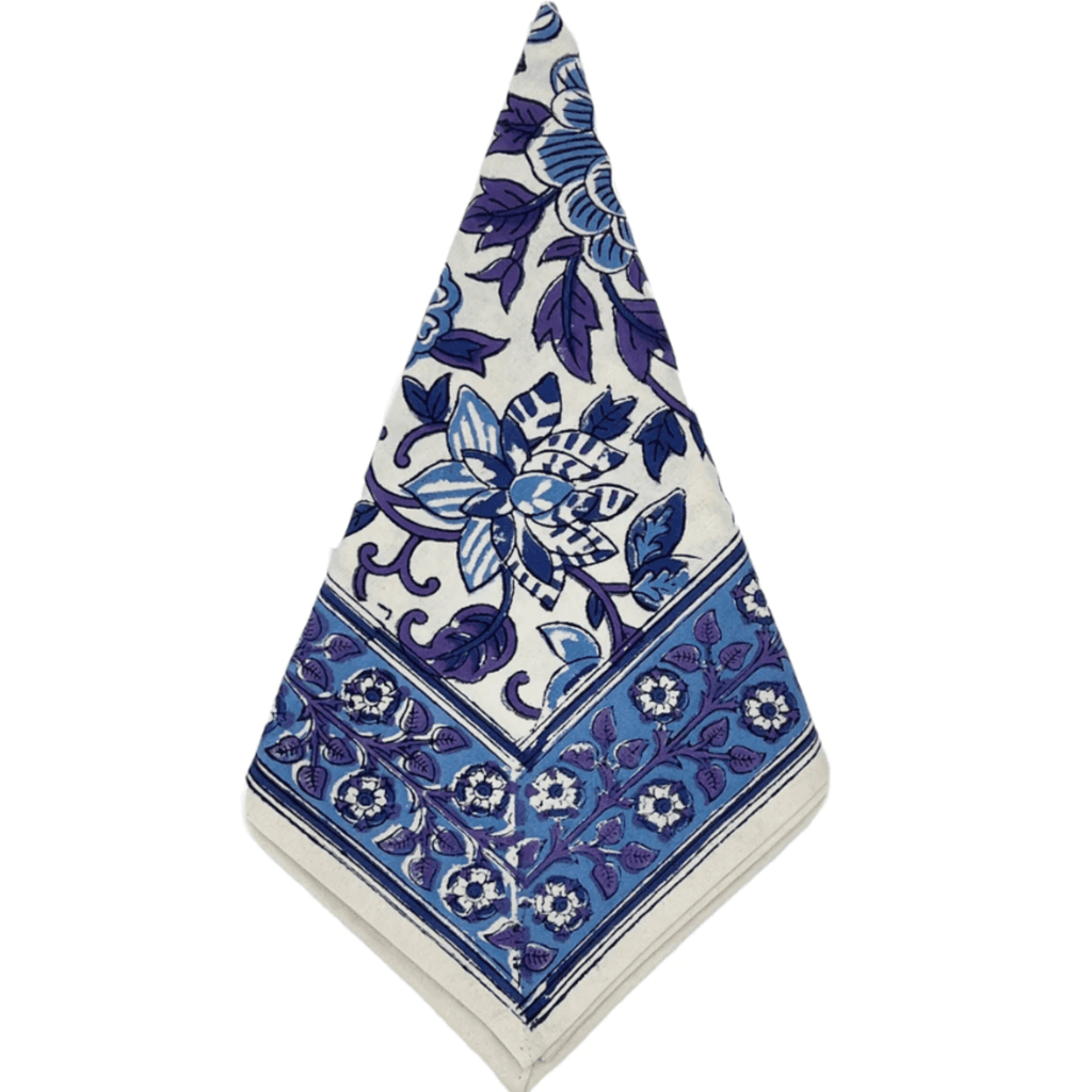 Blue & White Hand Block Printed Floral Dinner Napkin - Dinner Napkins - The Well Appointed House