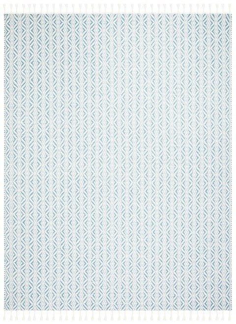 Blue & White Hand Loomed Geometric Patterned Area Rug With Fringe – The ...