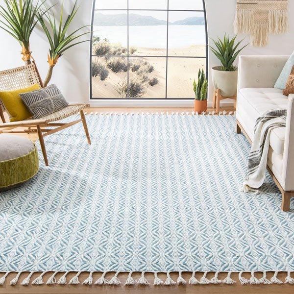 Blue & White Hand Tufted Geometric Patterned Wool Area Rug