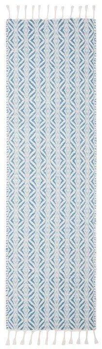 Blue & White Hand Loomed Geometric Patterned Area Rug With Fringe - Rugs - The Well Appointed House