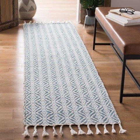 Blue & White Hand Loomed Geometric Patterned Area Rug With Fringe - Rugs - The Well Appointed House