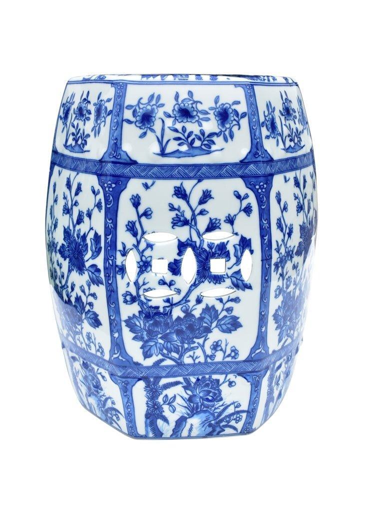 Blue and White Hexagon Porcelain Garden Stool - Garden Stools & Benches - The Well Appointed House
