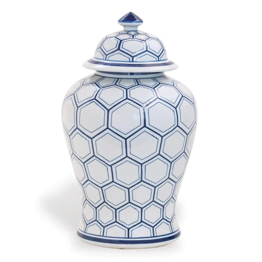 Blue and White Honeycomb Porcelain Temple Jar in with Lid - Vases & Jars - The Well Appointed House