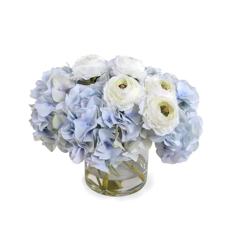 Blue and White Hydrangea and Ranunculus Arrangement in Glass Cylinder - Florals & Greenery - The Well Appointed House