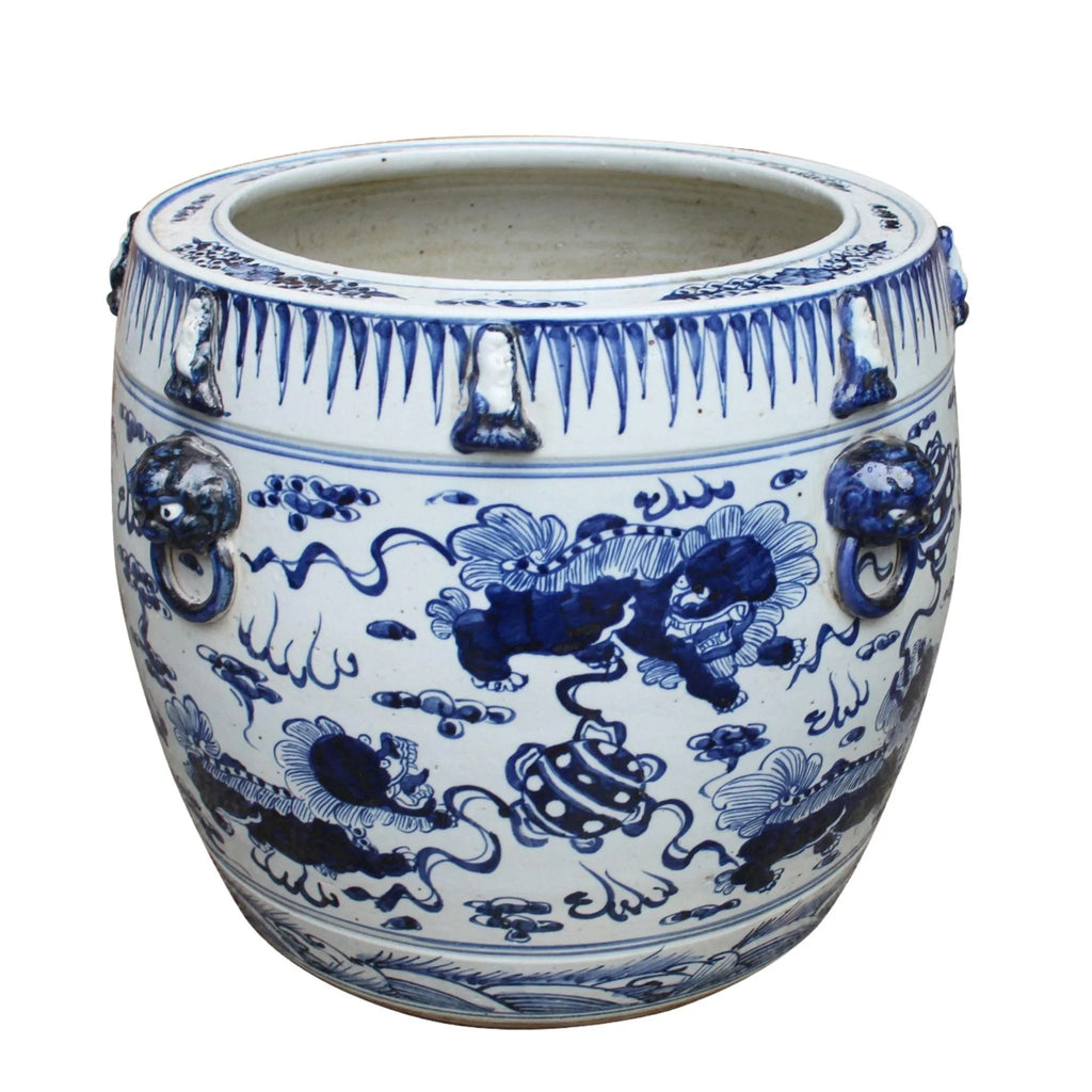 Blue and White Lion Drum Shaped Porcelain Planter - Indoor Planters - The Well Appointed House