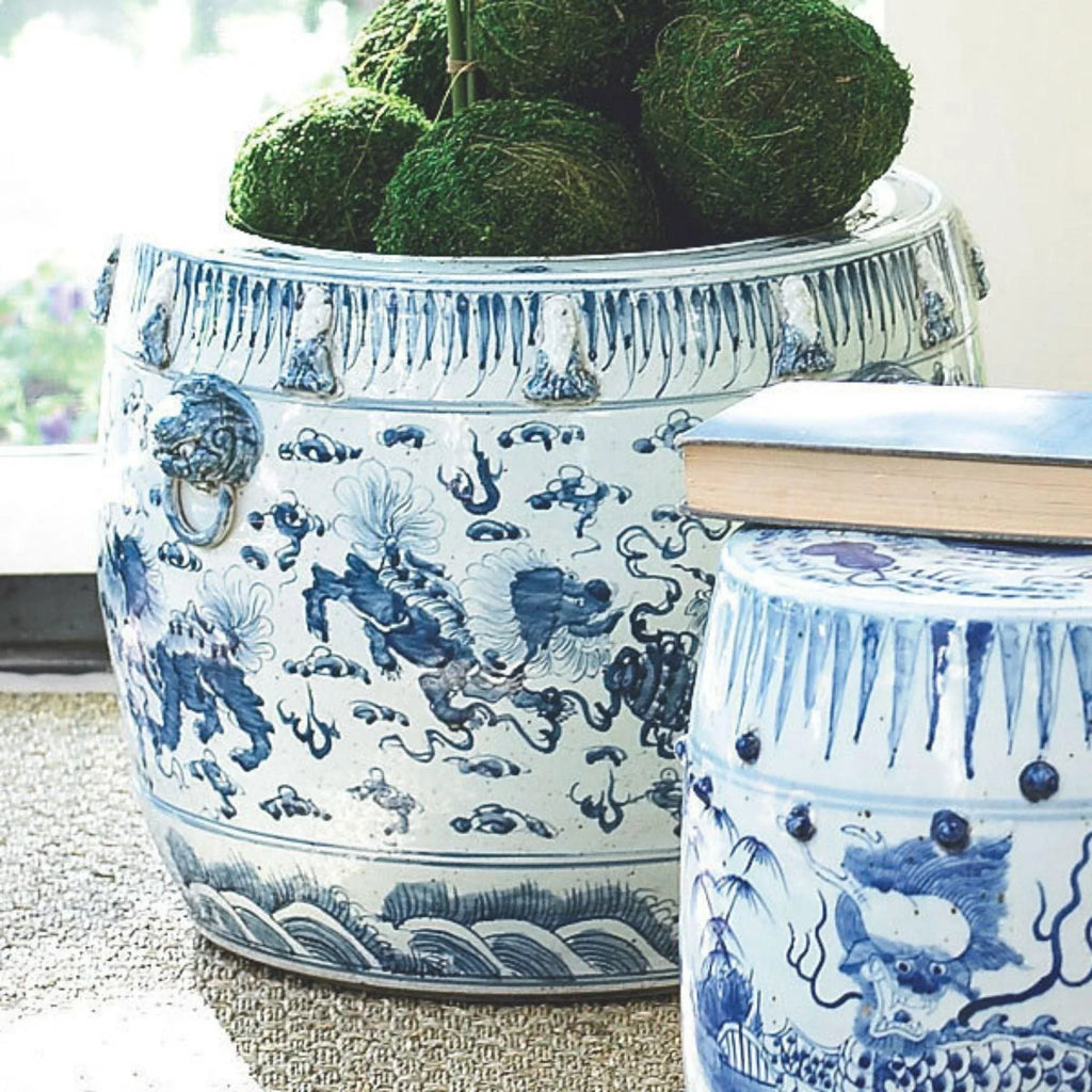 Blue and White Lion Drum Shaped Porcelain Planter - Indoor Planters - The Well Appointed House