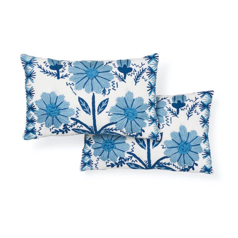 Blue & White Marguerite Daisy Embroidered Lumbar Throw Pillow - Pillows - The Well Appointed House