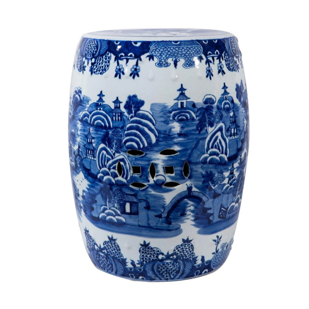 Blue and White Mountain Pagoda Porcelain Garden Stool - Garden Stools & Benches - The Well Appointed House