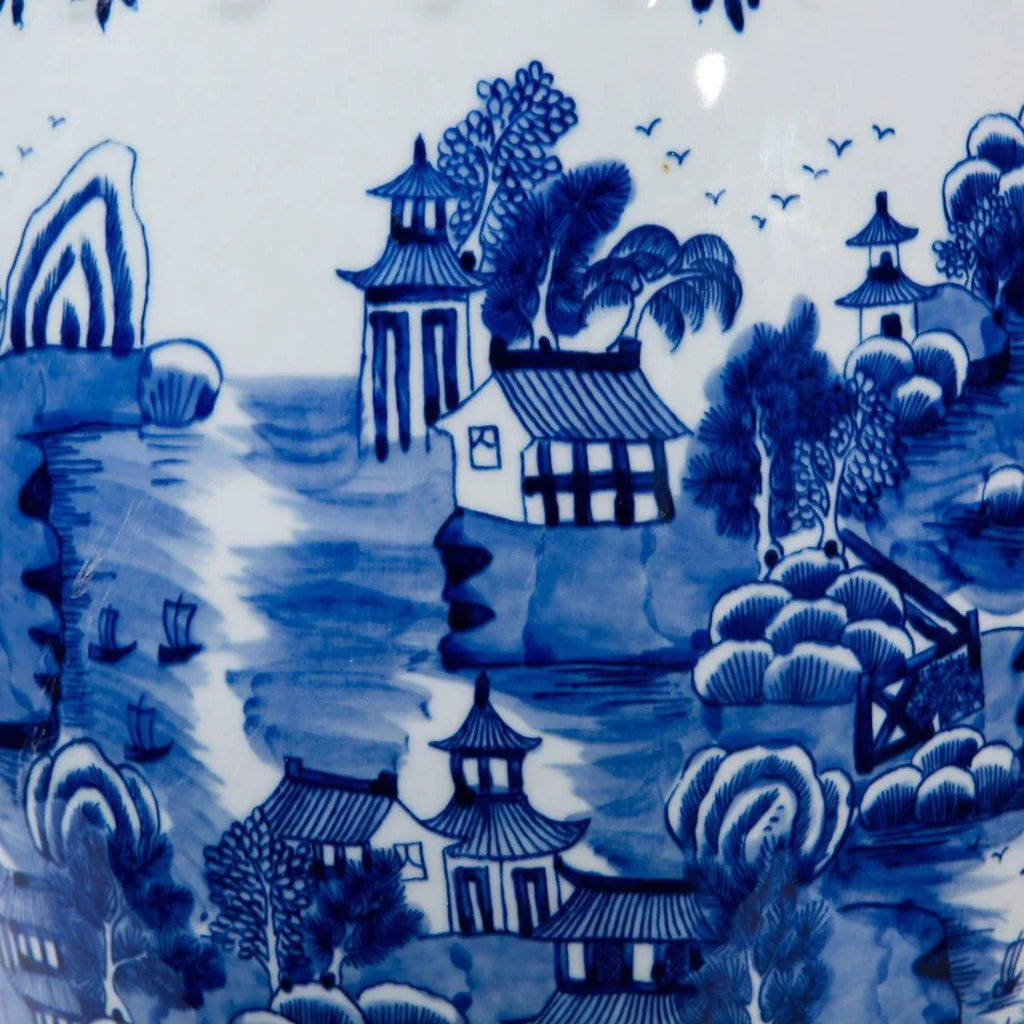 Blue and White Mountain Pagoda Porcelain Garden Stool - Garden Stools & Benches - The Well Appointed House