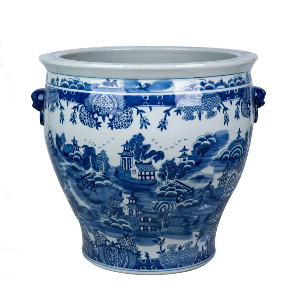 Blue and White Mountain Pagoda Porcelain Planter with Lion Handle - Pots & Planters - The Well Appointed House