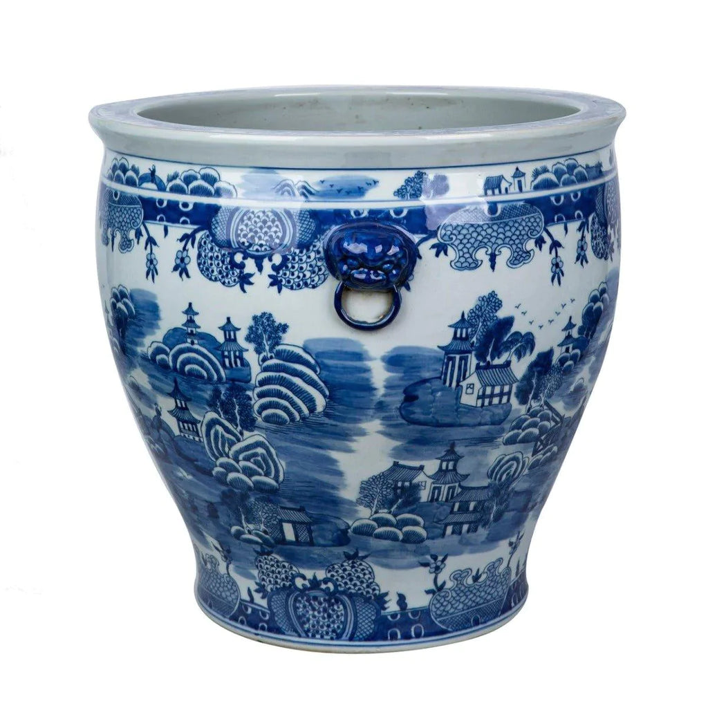 Blue and White Mountain Pagoda Porcelain Planter with Lion Handle - Pots & Planters - The Well Appointed House