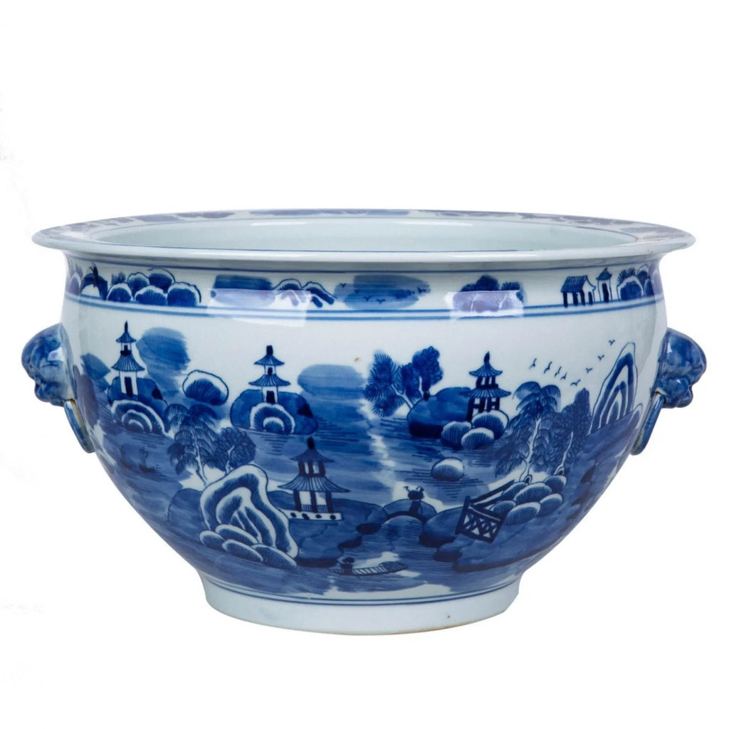 Blue and White Mountain Pagoda Porcelain Planter with Lion Head Handle - Pots & Planters - The Well Appointed House