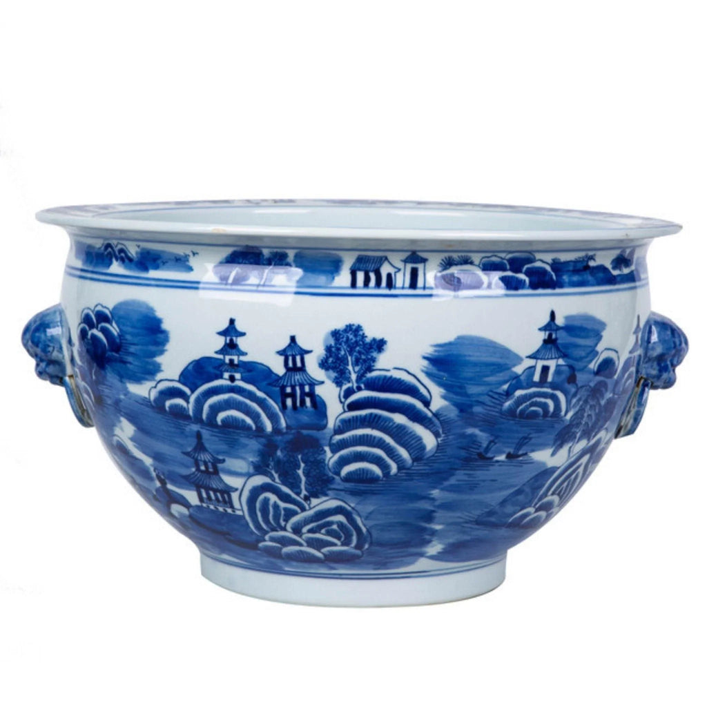 Blue and White Mountain Pagoda Porcelain Planter with Lion Head Handle - Pots & Planters - The Well Appointed House