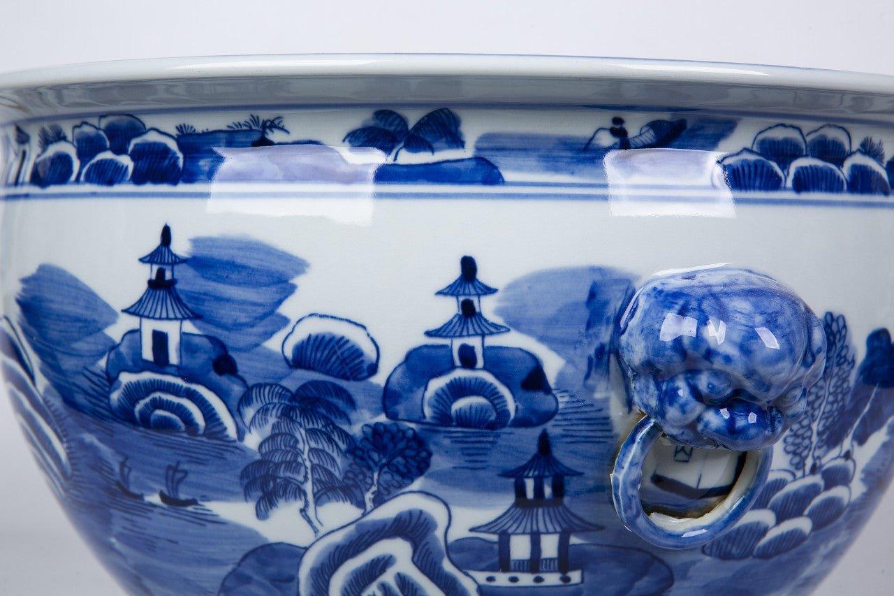 chinese porcelain planter pots Blue and White Mountain Pagoda Porcelain Planter with Lion Head Handle – The Well Appointed House