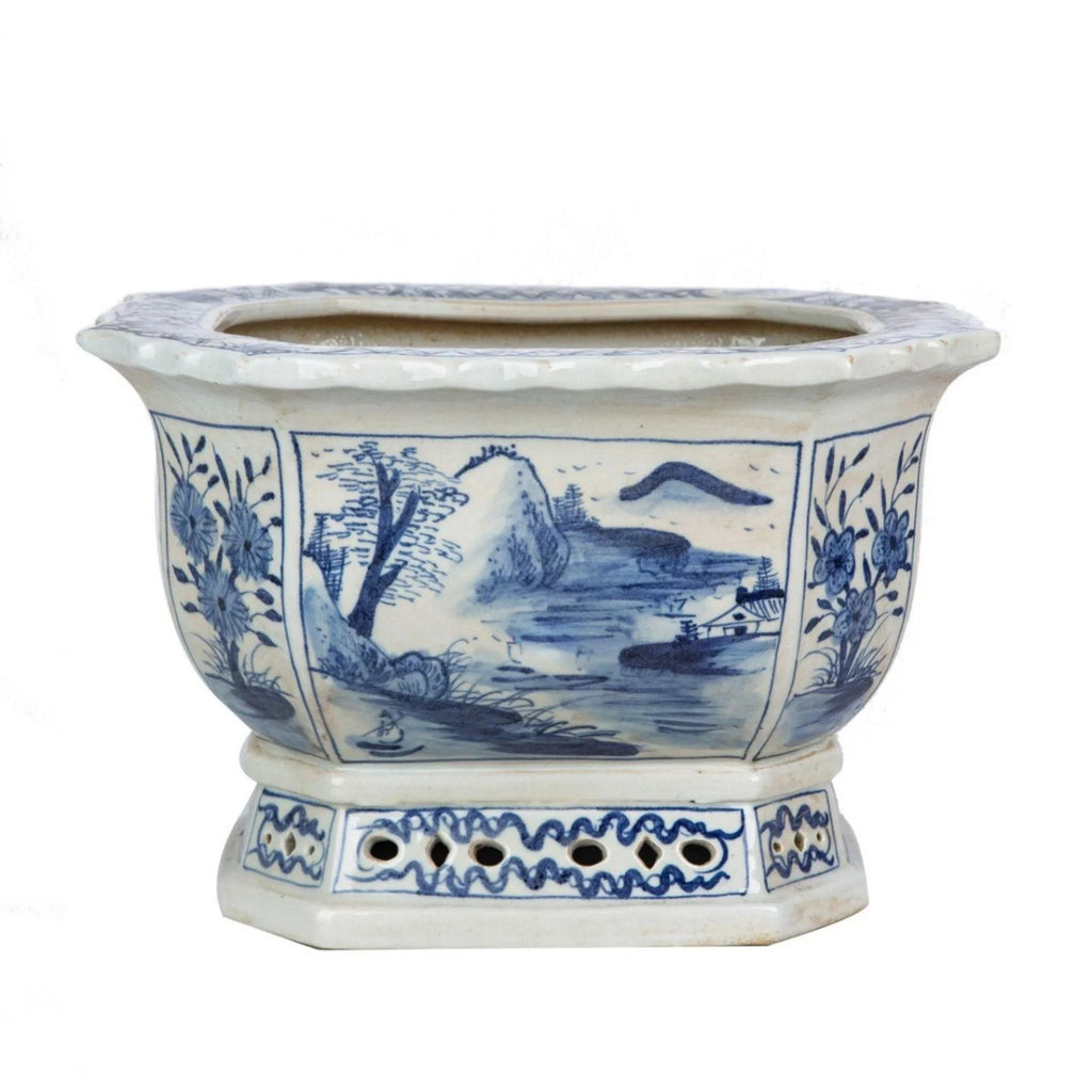 Blue and White Mountain Village Porcelain Foot Bath Planter - Pots & Planters - The Well Appointed House