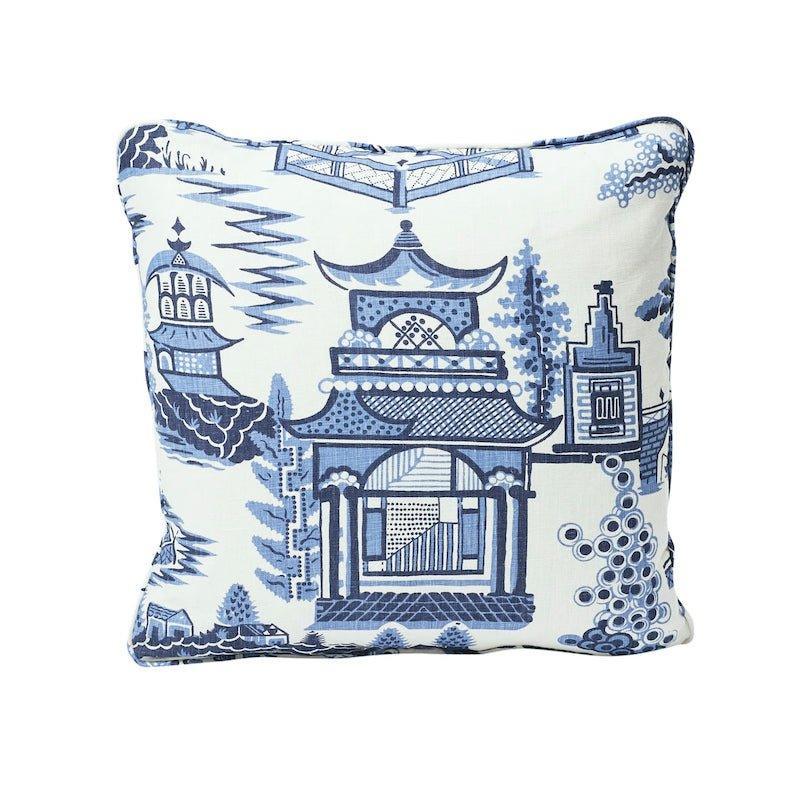 Blue & White Nanjing 18" Pagoda Print Linen Throw Pillow - Pillows - The Well Appointed House