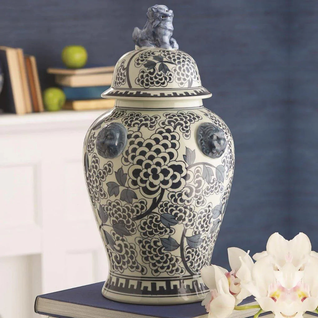 Blue and White Peony Flower Design Porcelain Covered Temple Jar - Vases & Jars - The Well Appointed House