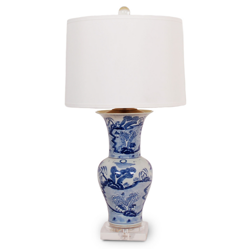 Blue and White Porcelain Beaker Vase Table Lamp with Landscape Design - Table Lamps - The Well Appointed House