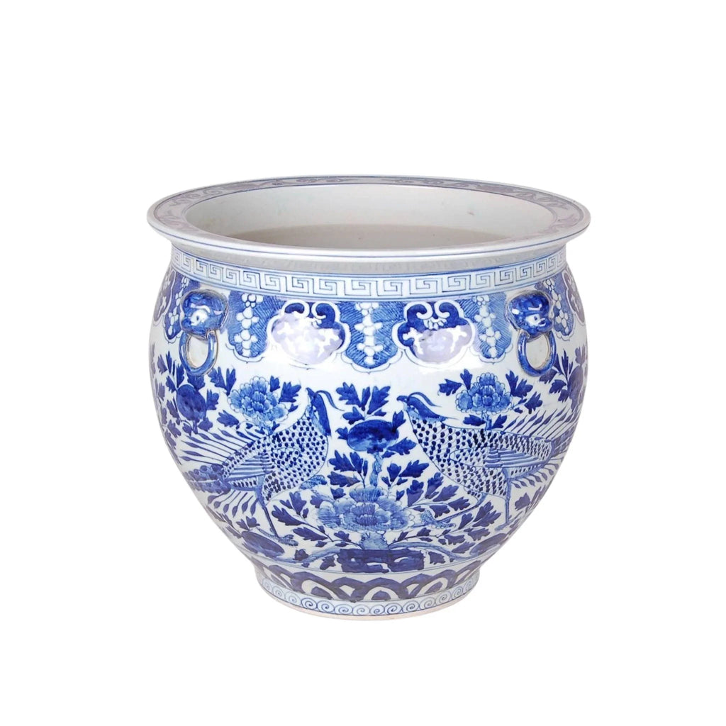 Blue and White Porcelain Bird and Flower Fish Bowl Planter - Decorative Bowls - The Well Appointed House
