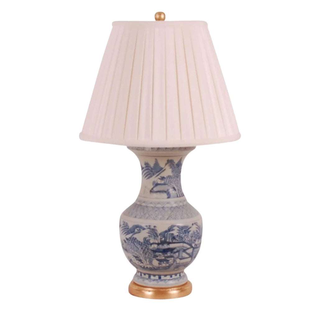 Blue and White Porcelain Canton Vase Table Lamp with Gold Leaf Base - Table Lamps - The Well Appointed House