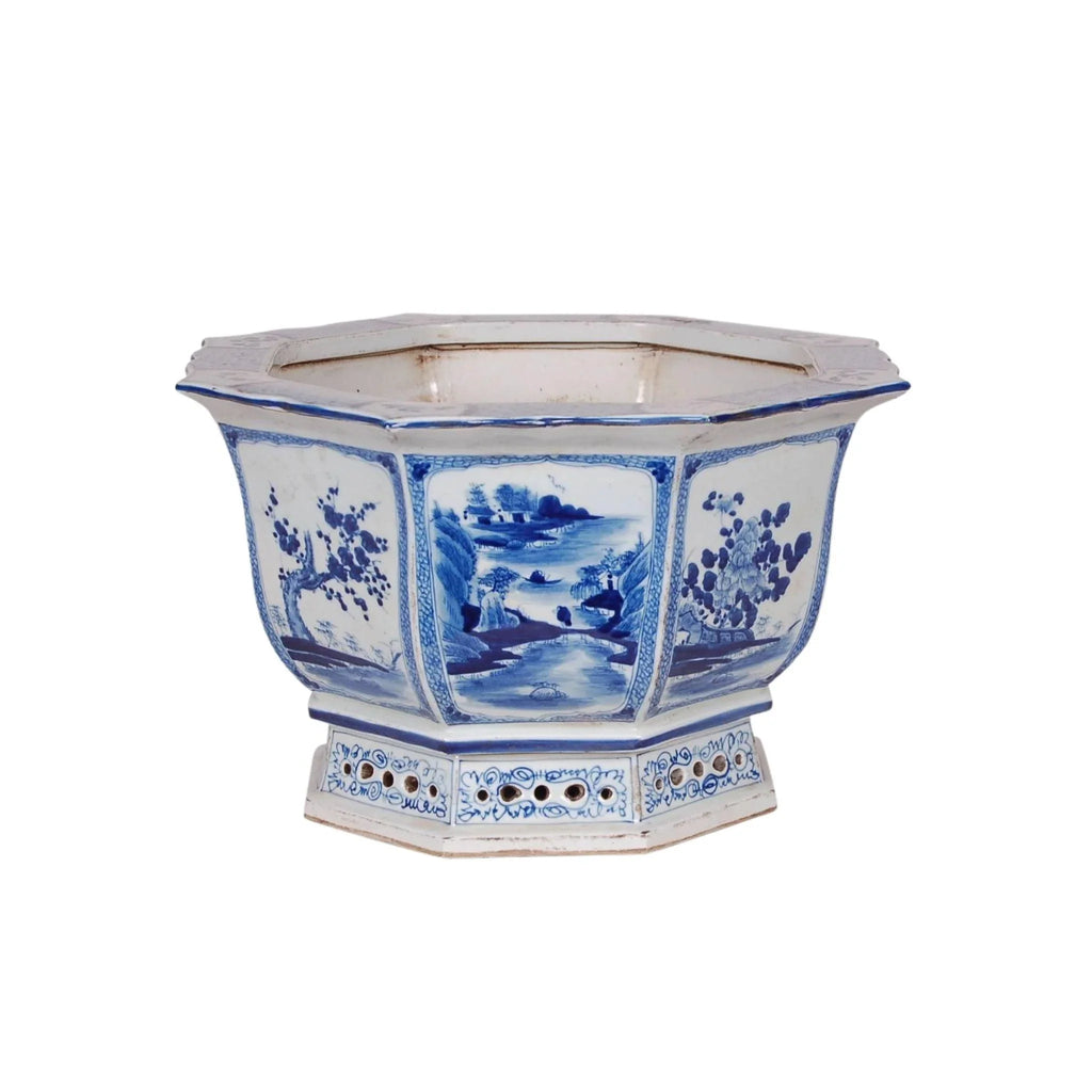 Blue and White Porcelain Chinoiserie Design Octagonal Planter - Indoor Planters - The Well Appointed House