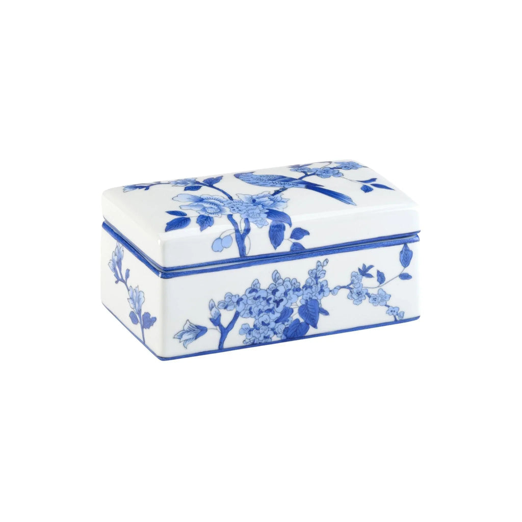 Blue And White Porcelain Decorative Box With Bird Design - Decorative Boxes - The Well Appointed House