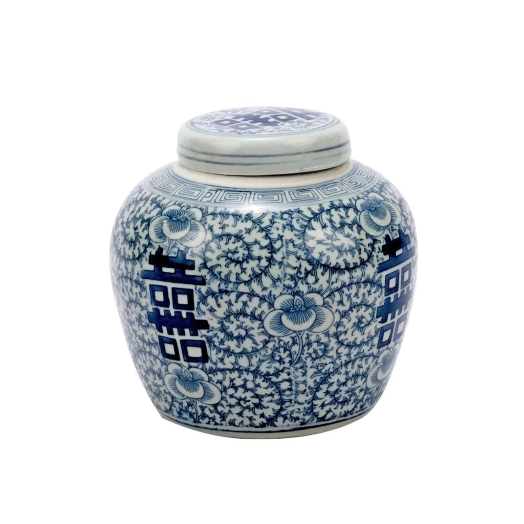 Blue & White Porcelain Double Happiness Floral Lidded Jar - Vases & Jars - The Well Appointed House