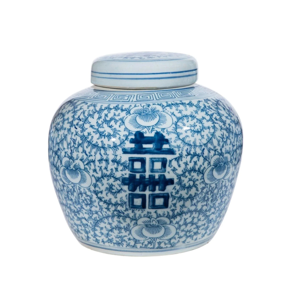 Blue & White Porcelain Double Happiness Floral Lidded Jar - Vases & Jars - The Well Appointed House