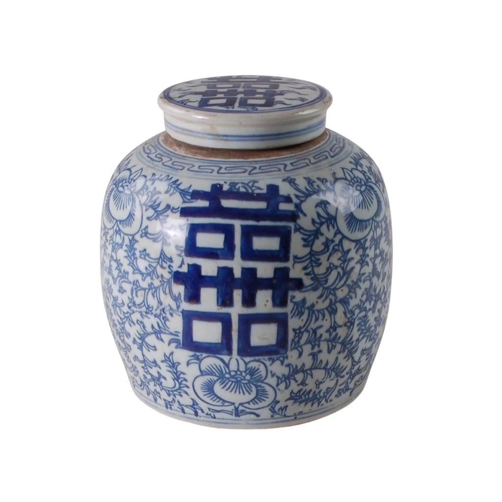 Blue and White Porcelain Double Happiness Floral Vine Lidded Jar - Vases & Jars - The Well Appointed House