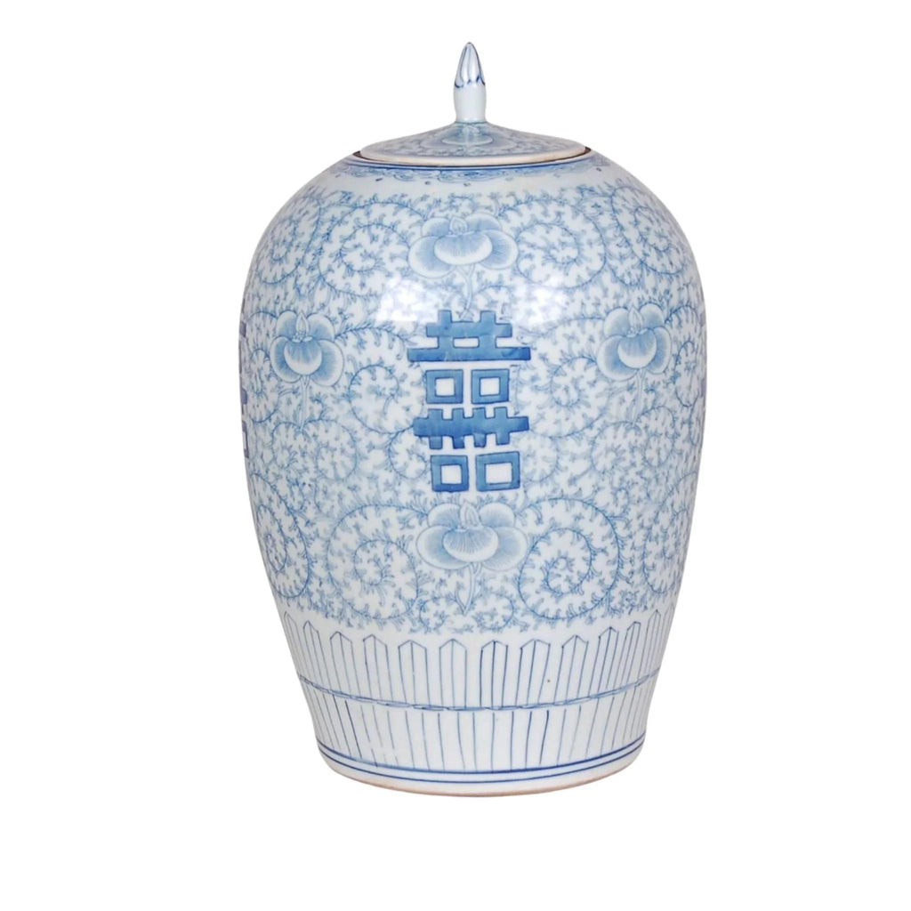 Blue and White Porcelain Double Happiness Melon Jar With Stem - Vases & Jars - The Well Appointed House