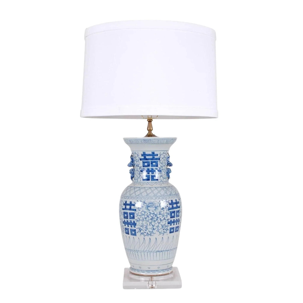 Blue and White Porcelain Double Happiness Table Lamp With Acrylic Base - Table Lamps - The Well Appointed House