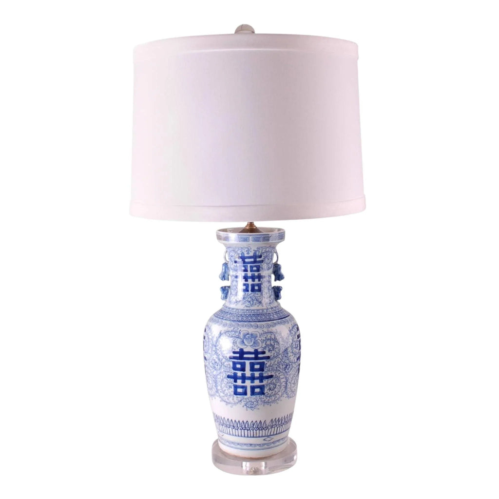 Blue and White Porcelain Double Happiness Table Lamp With Round Acrylic Base - Table Lamps - The Well Appointed House