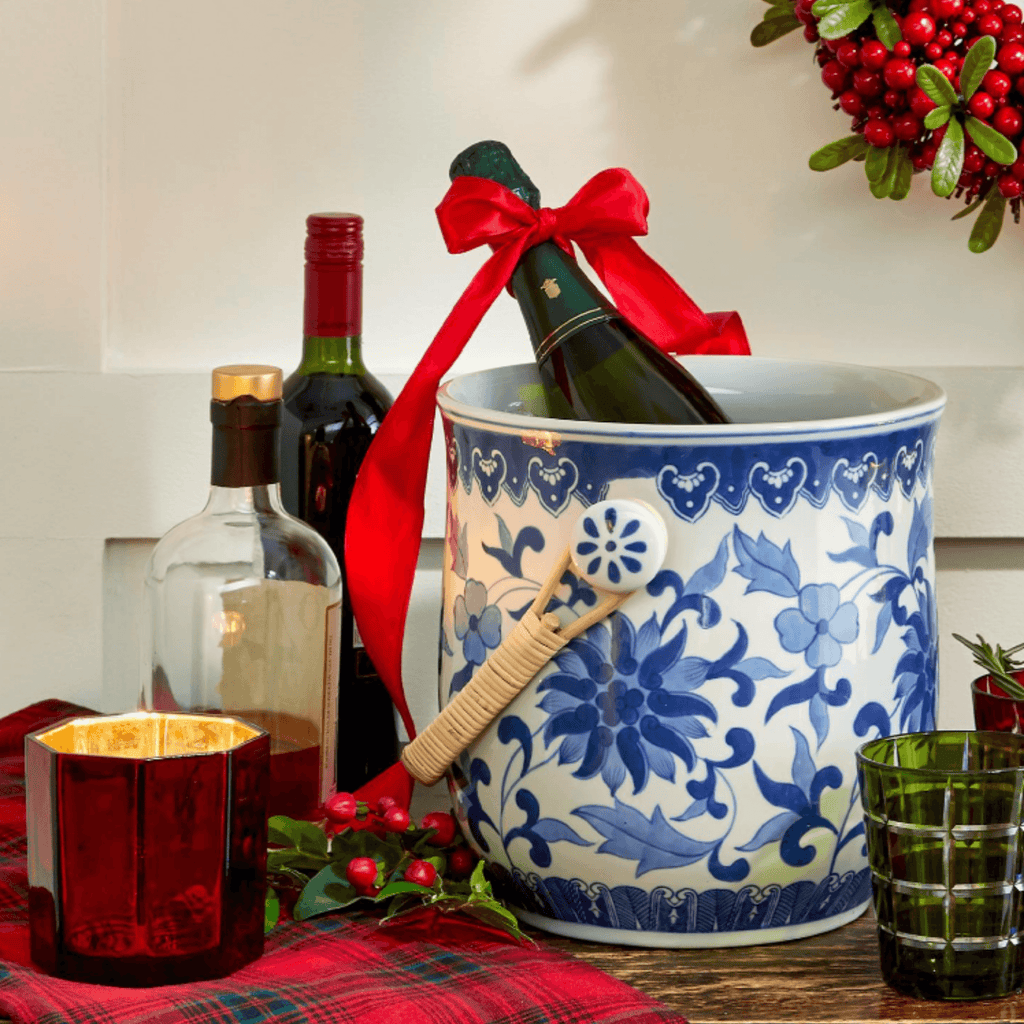 Blue & White Porcelain Floral Bucket with Woven Cane Handle - Bar Tools & Accessories - The Well Appointed House