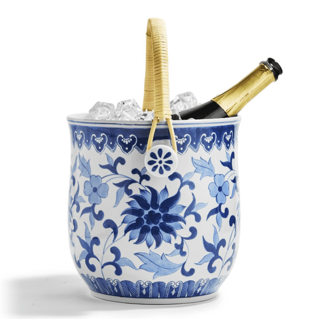 Blue & White Porcelain Floral Bucket with Woven Cane Handle - Bar Tools & Accessories - The Well Appointed House