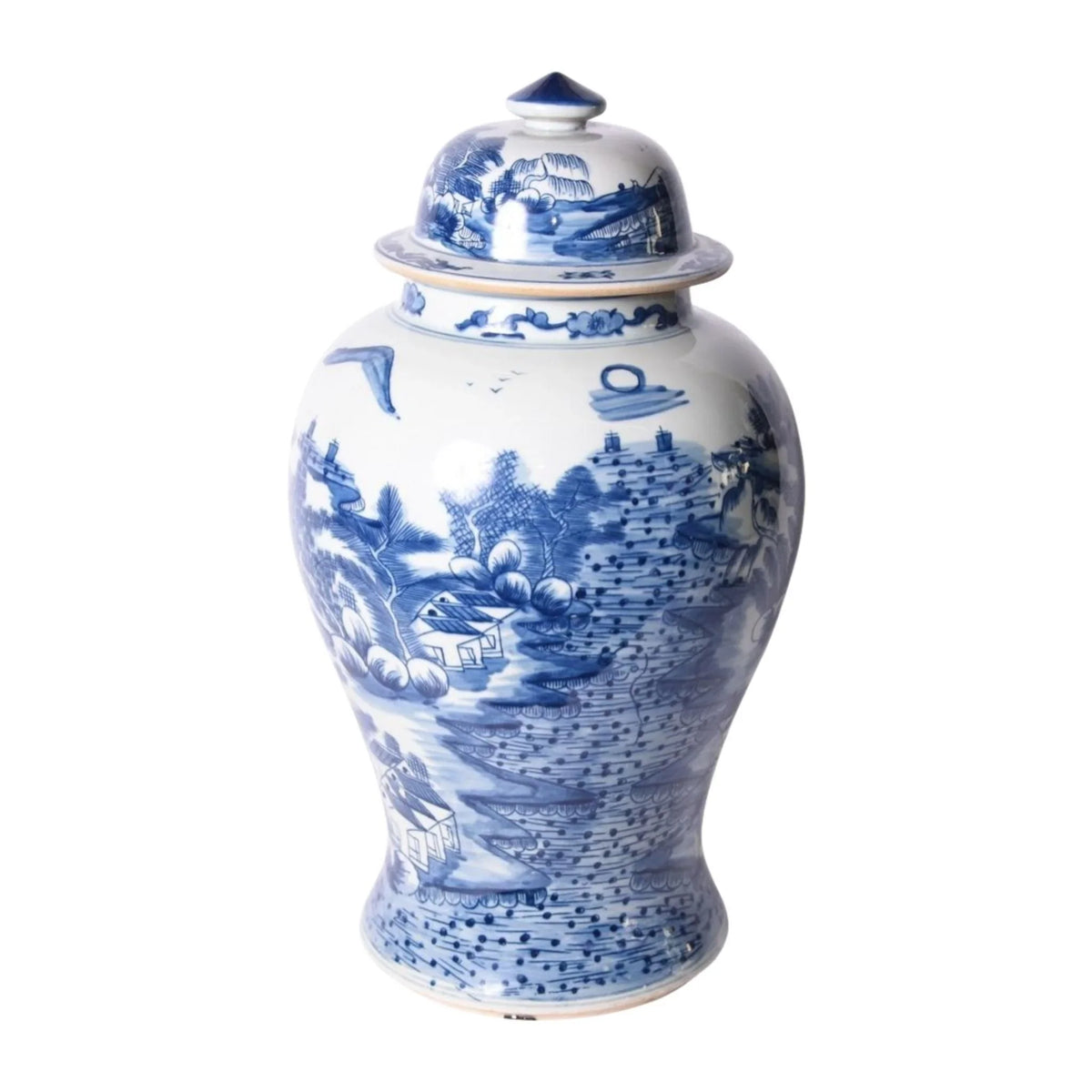 Blue and White Porcelain Ginger Jar with Landscape Design