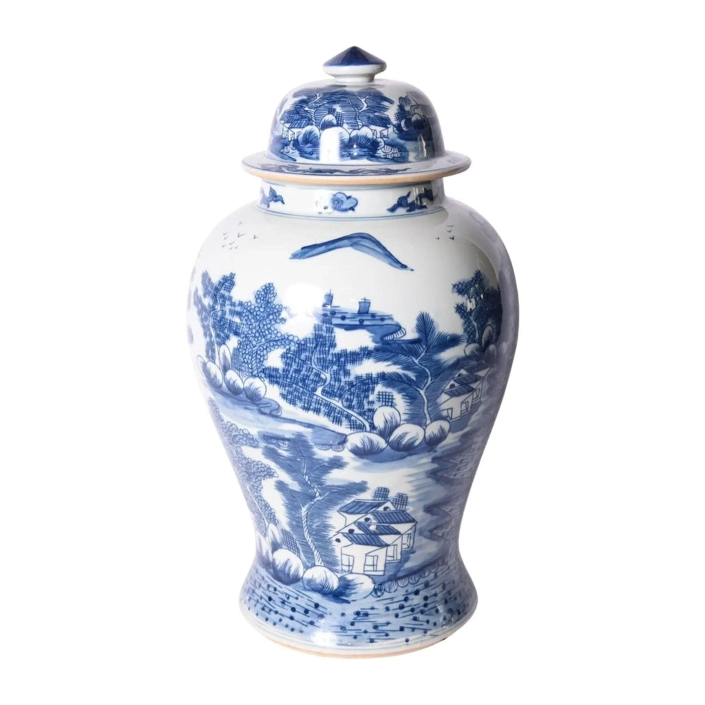 Blue and White Porcelain Ginger Jar with Landscape Design - Vases & Jars - The Well Appointed House