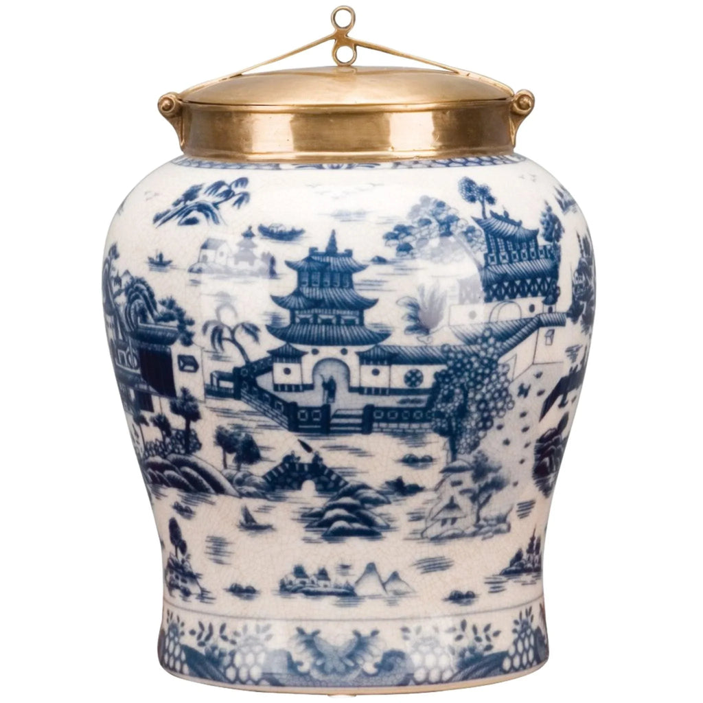 Blue and White Porcelain Jar with Bronze Lid - Vases & Jars - The Well Appointed House