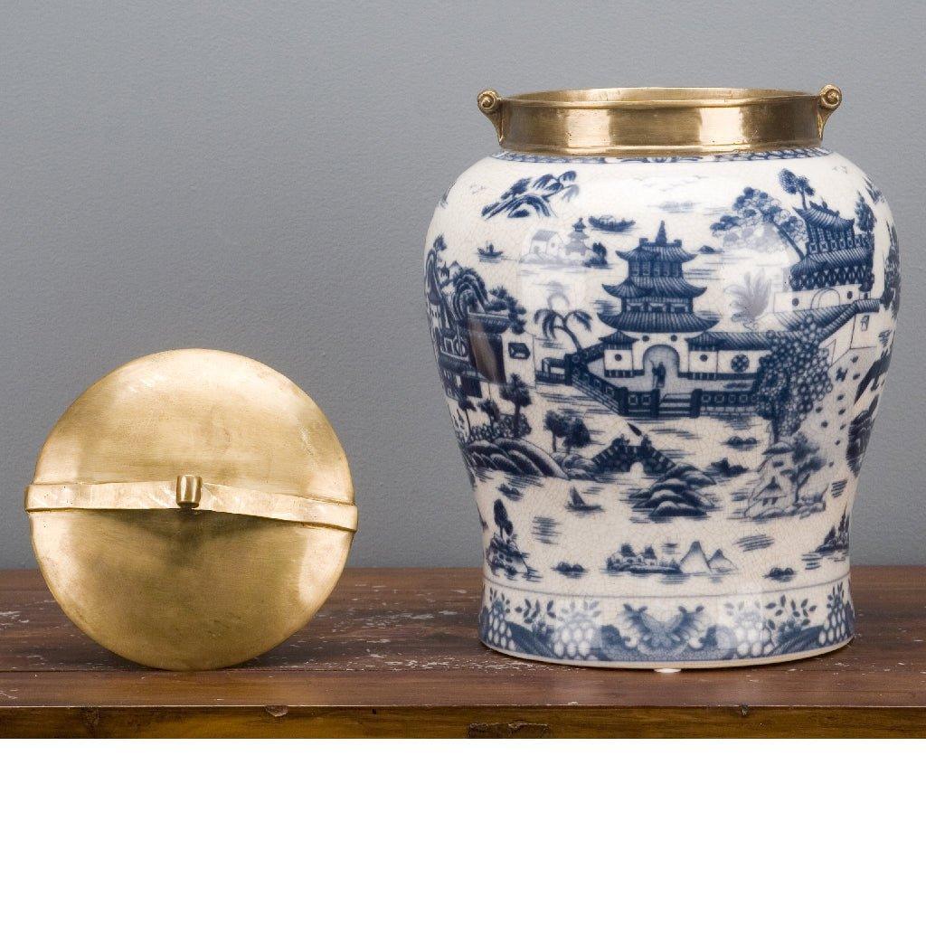 Blue and White Porcelain Jar with Bronze Lid - Vases & Jars - The Well Appointed House