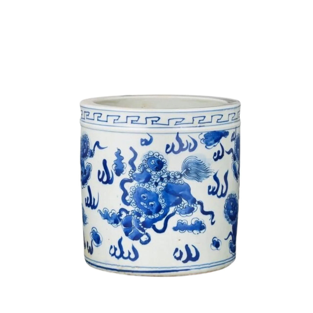 Blue And White Porcelain Orchid Pot Foo Dog Motif - Indoor Planters - The Well Appointed House