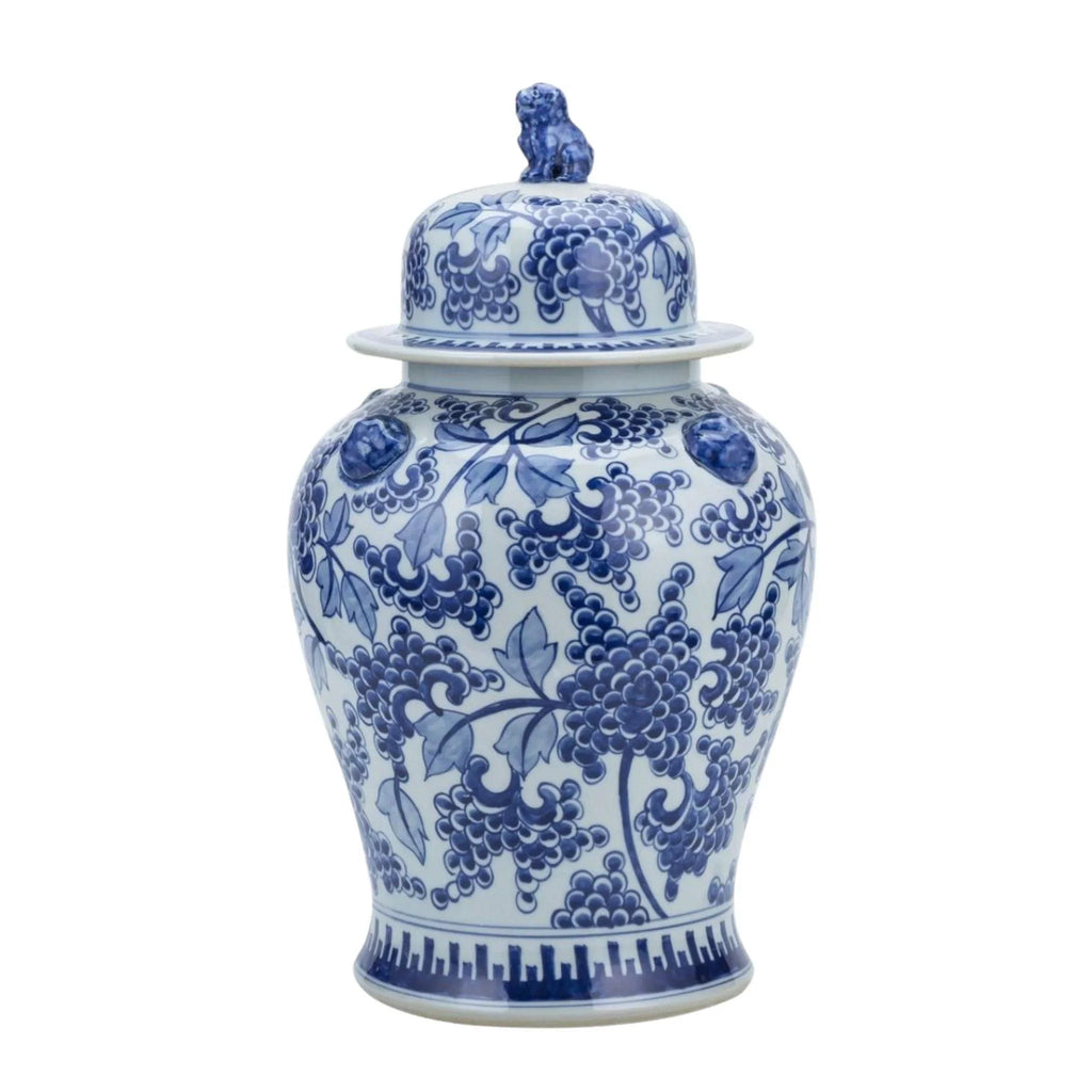 Blue And White Porcelain Peony Temple Ginger Jar With Lion Handles - Vases & Jars - The Well Appointed House