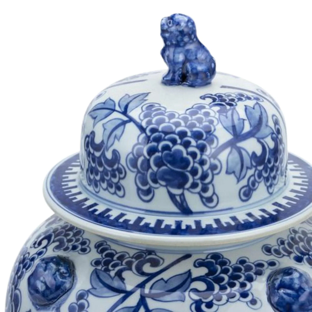Blue And White Porcelain Peony Temple Ginger Jar With Lion Handles - Vases & Jars - The Well Appointed House