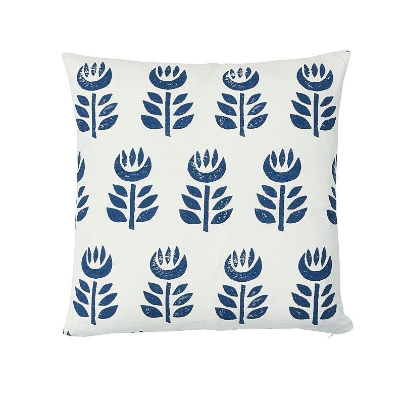 Blue & White Rosenborg Hand Printed Floral 18" Throw Pillow - Pillows - The Well Appointed House
