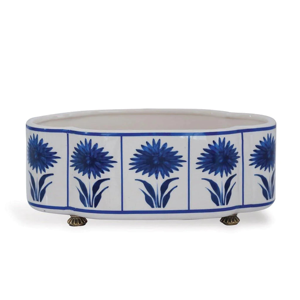 Blue and White Scallop Planter with Aster Pattern and Brass Feet - Indoor Planters - The Well Appointed House