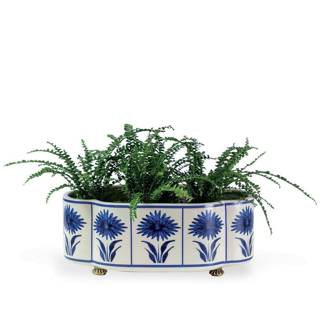 Blue and White Scallop Planter with Aster Pattern and Brass Feet - Indoor Planters - The Well Appointed House