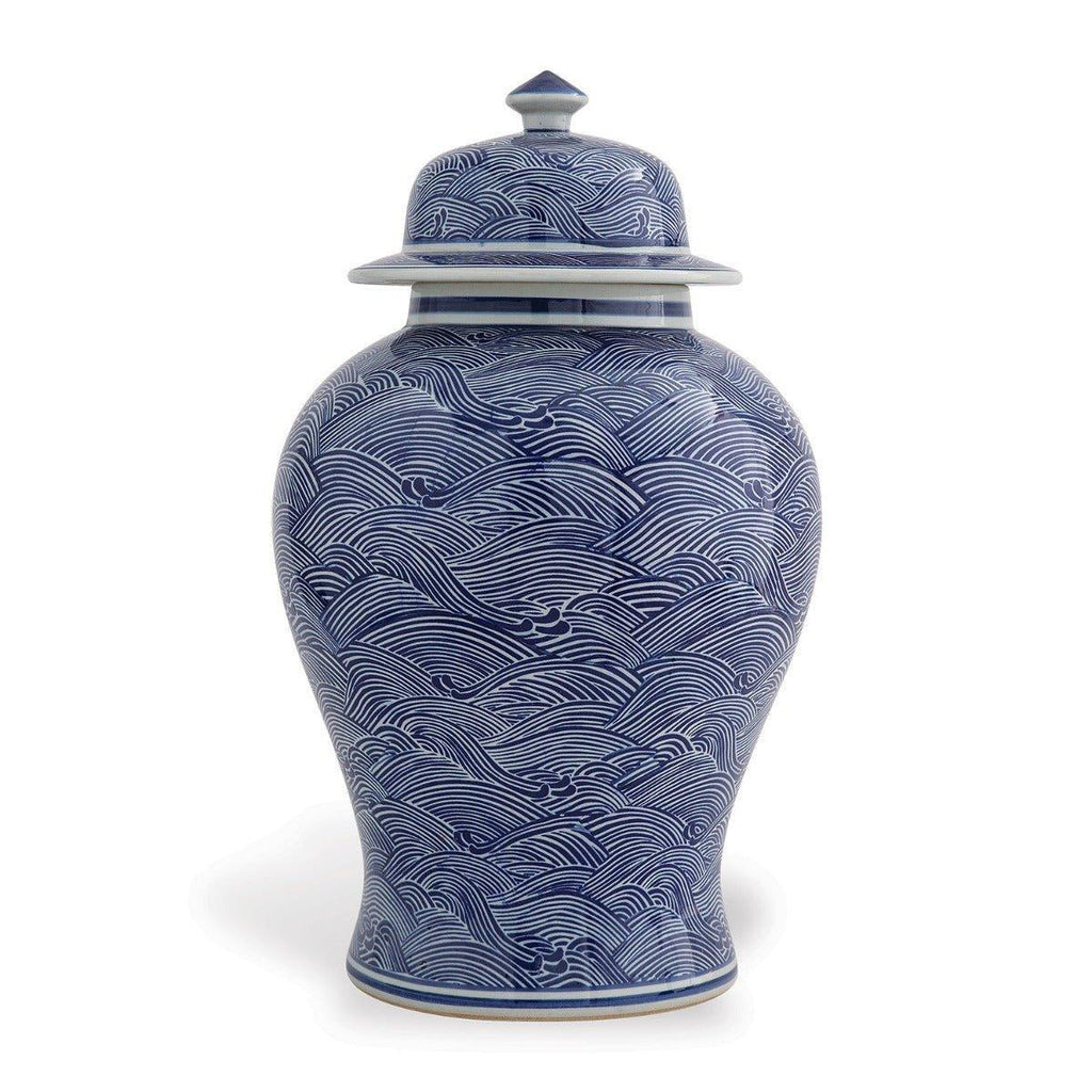 Blue and White Temple Jar in Wave Pattern with Lid - Vases & Jars - The Well Appointed House