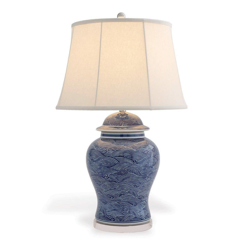 Blue and White Temple Jar Table Lamp with Wave Pattern - Table Lamps - The Well Appointed House
