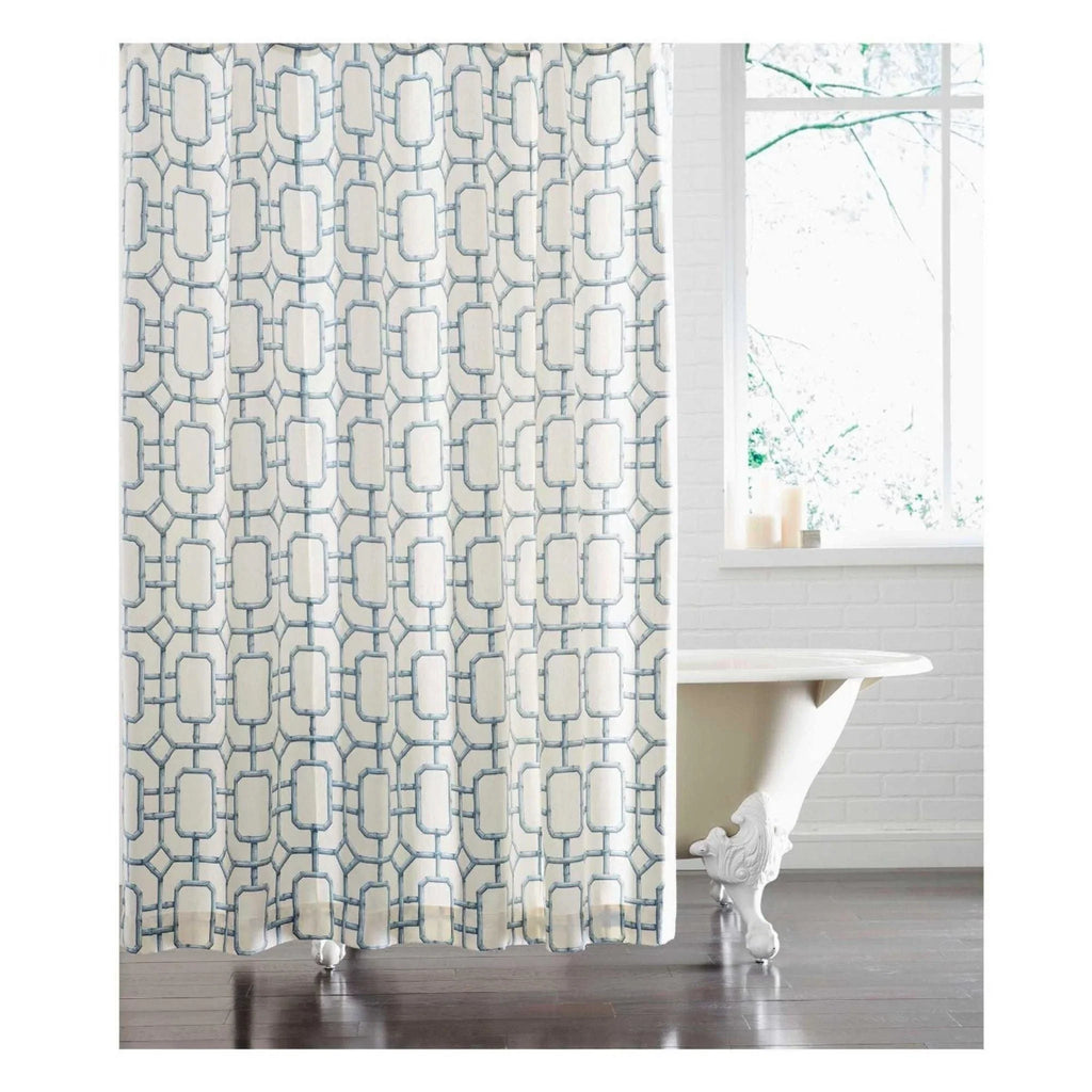 Blue Bamboo Fret Linen Shower Curtain - Shower Curtains - The Well Appointed House